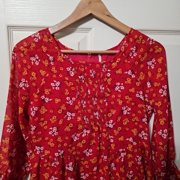 Free People Womens Red‎ Floral Chiffon Long Sleeve Mini A Line Dress Sz 0 EUC - Picture 2 of 16